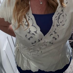 Lane Bryant white linen blend lace cutout wrap XL blouse